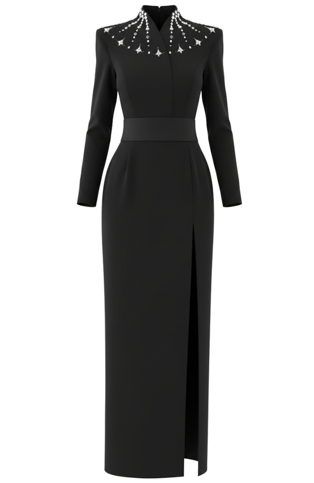 Long Sleeve Embellished Neck Maxi Dress Black