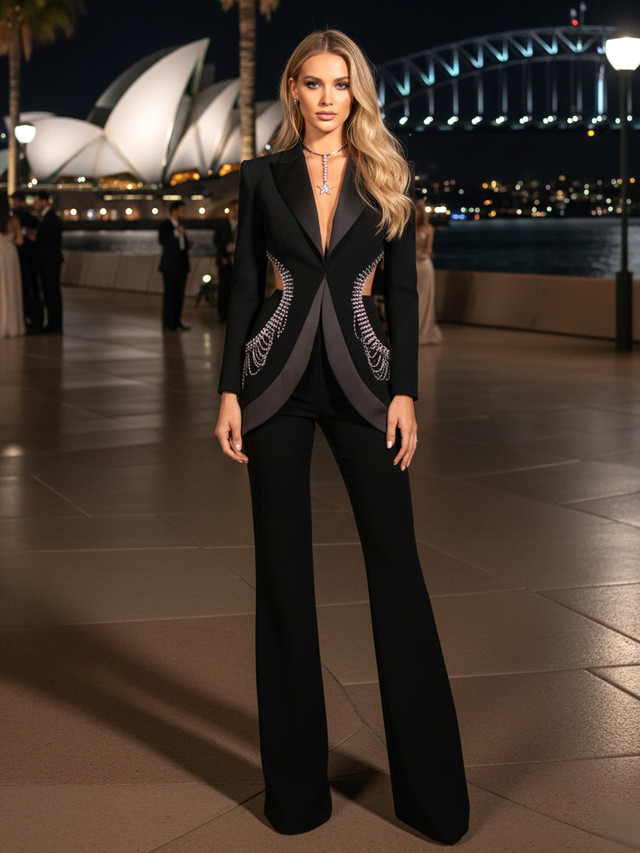 Long Sleeve Crystal Cut Out Detail Suit Black