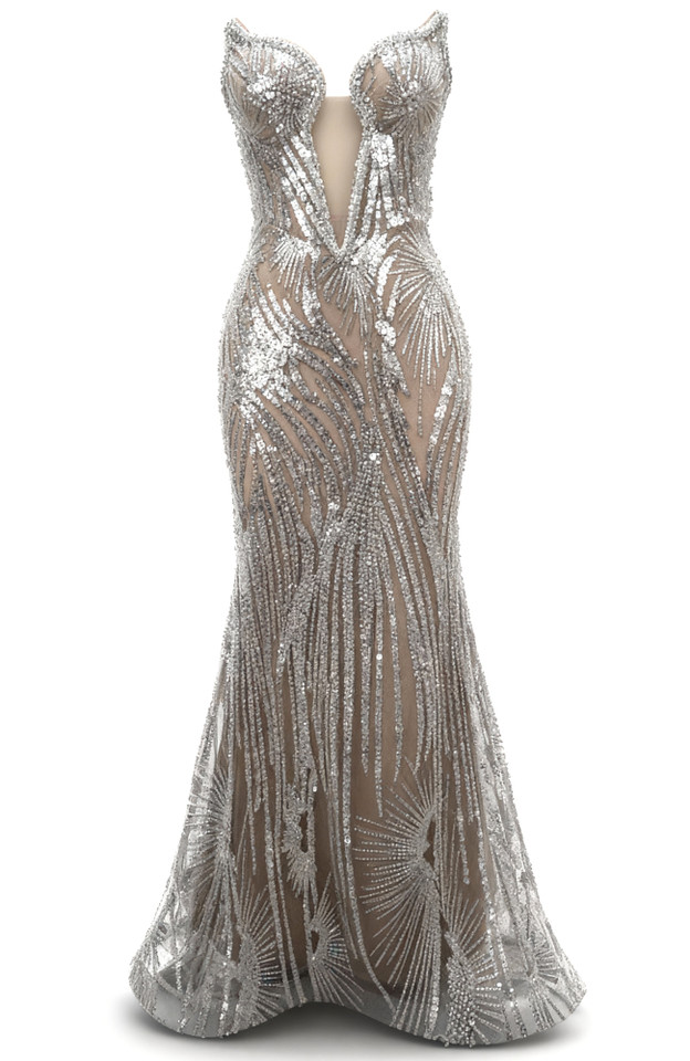 Strapless Sequin Pearl Maxi Dress Silver