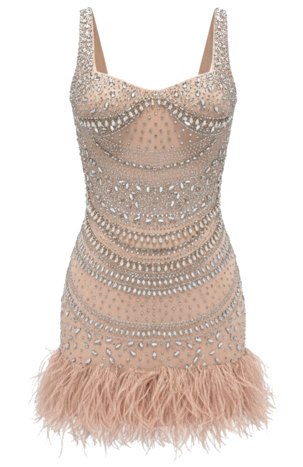 Embellished Feather Hem Dress Nude