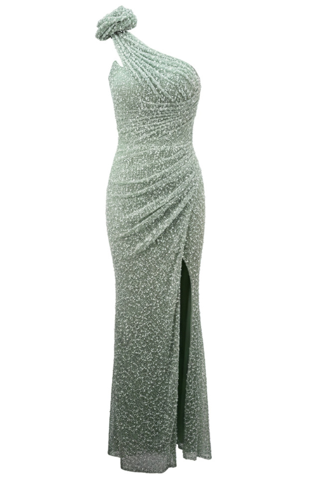 Floral One Shoulder Pearl Maxi Dress Green