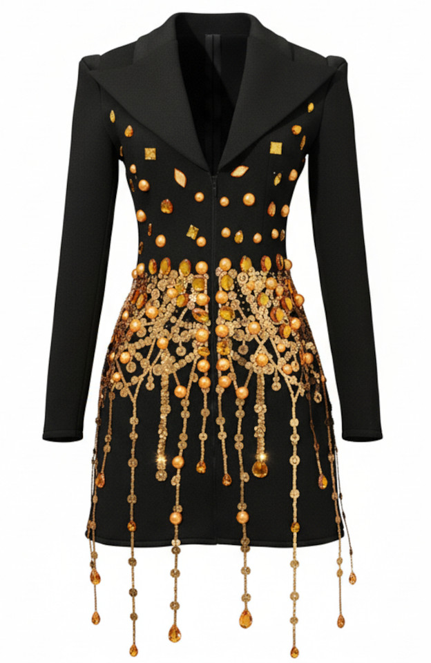 Long Sleeve Embellished Blazer Dress Black