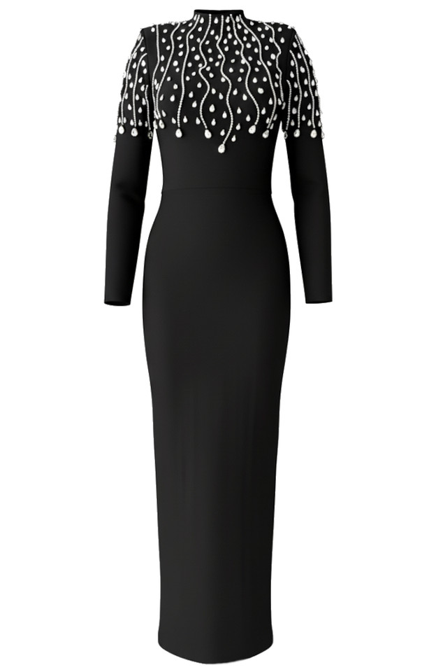 Long Sleeve Crystals Maxi Dress Black