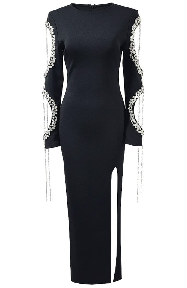 Crystal Cut Out Long Sleeve Maxi Dress Black