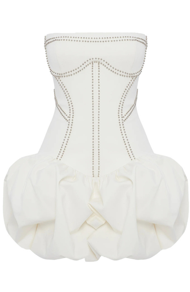 Strapless Studded Puff Dress White