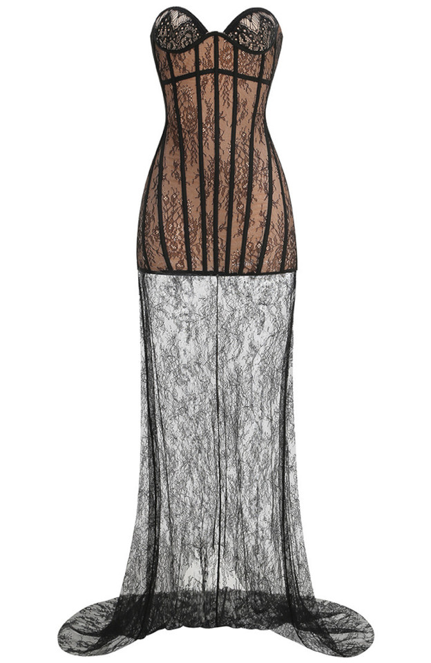 Strapless Lace Bustier Maxi Dress Black