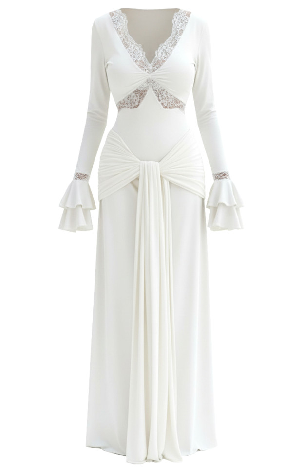 Long Sleeve Lace Draped Maxi Dress White