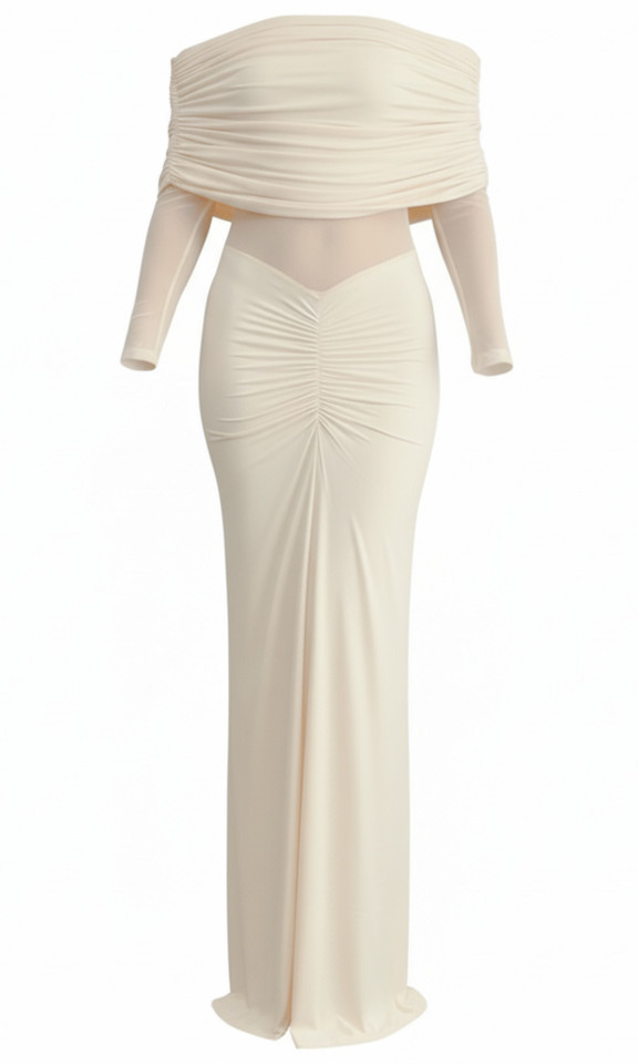 Long Sleeve Draped Bardot Maxi Dress Ivory