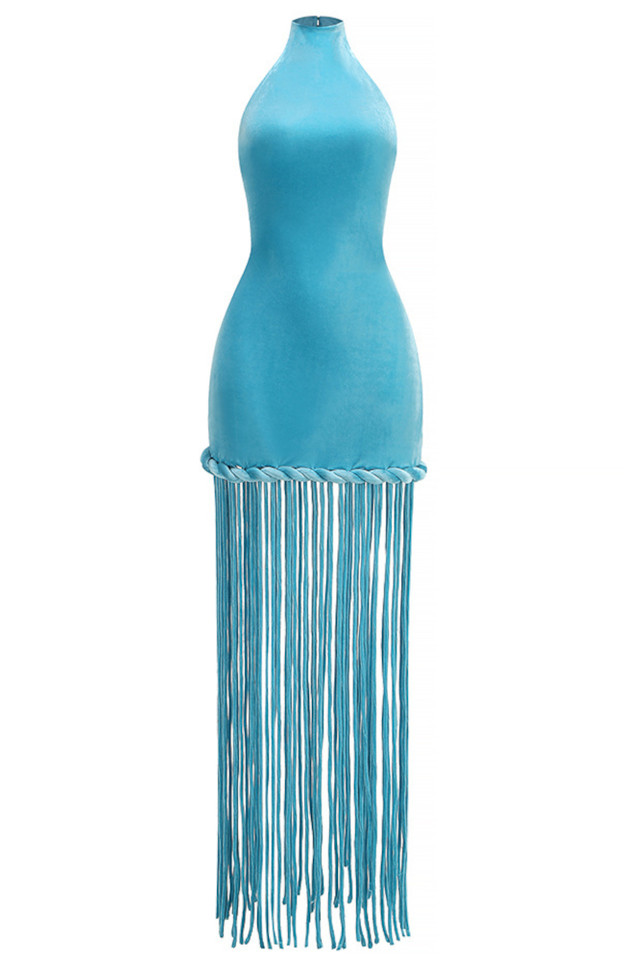 Halter Tassel Maxi Velvet Dress Blue