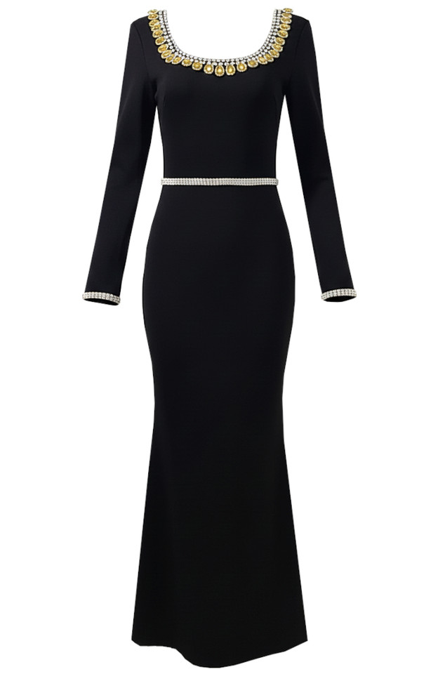 Long Sleeve Embellished Neckline Maxi Dress Black