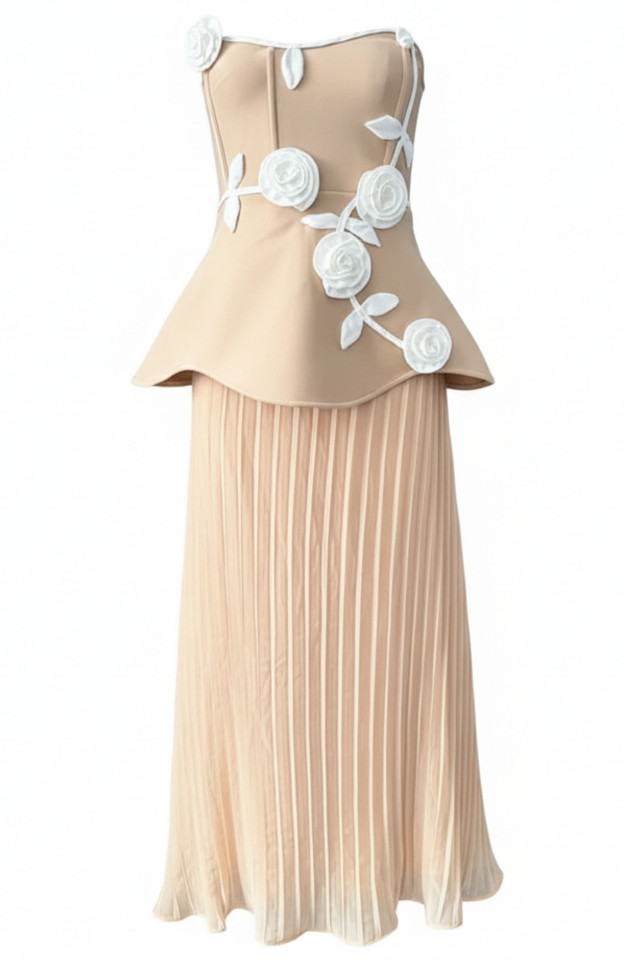 Strapless Floral Peplum Pleated Midi Dress Nude White
