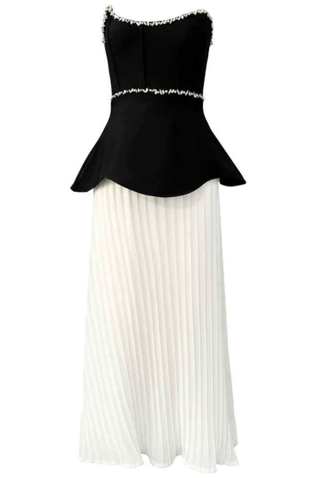 Strapless Crystal Peplum Pleated Midi Dress Black White