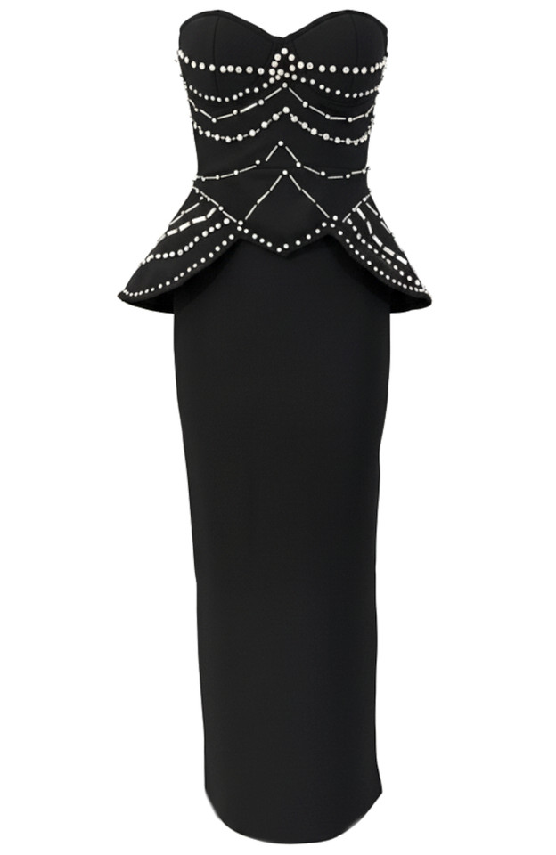 Strapless Crystal Embellished Corset Maxi Dress Black