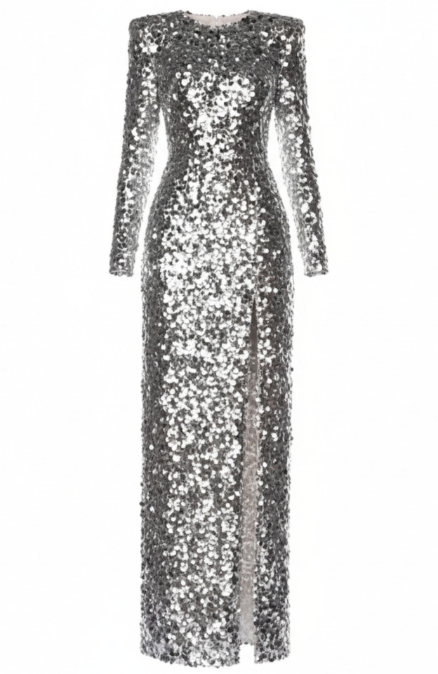 Long Sleeve Sequin Backless Maxi Dress Silver
