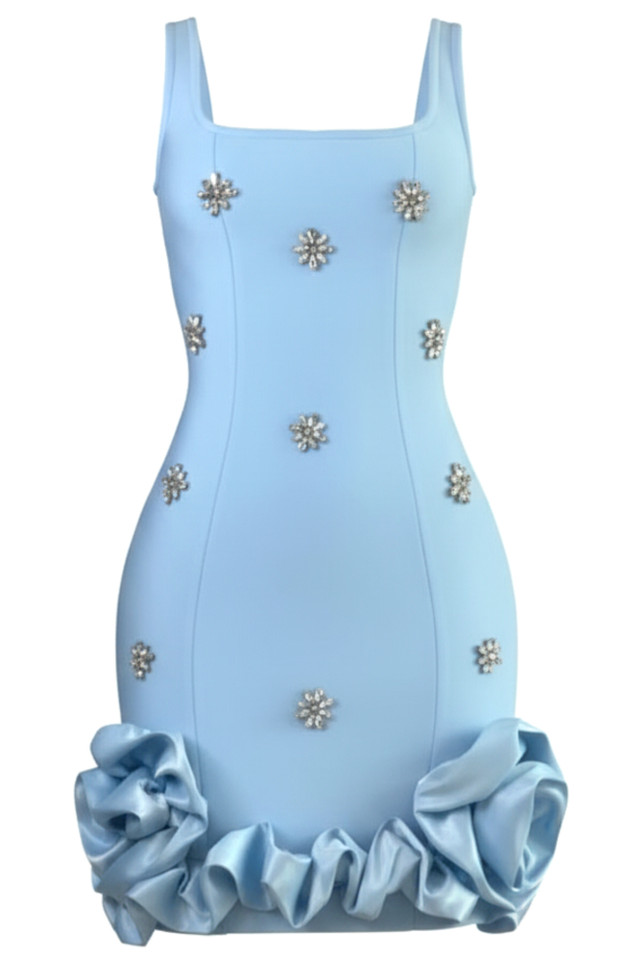 Crystal Detail Floral Puff Hem Dress Blue