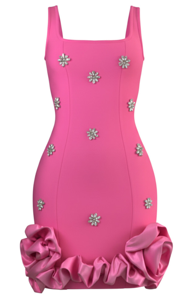 Crystal Detail Floral Puff Hem Dress Hot Pink