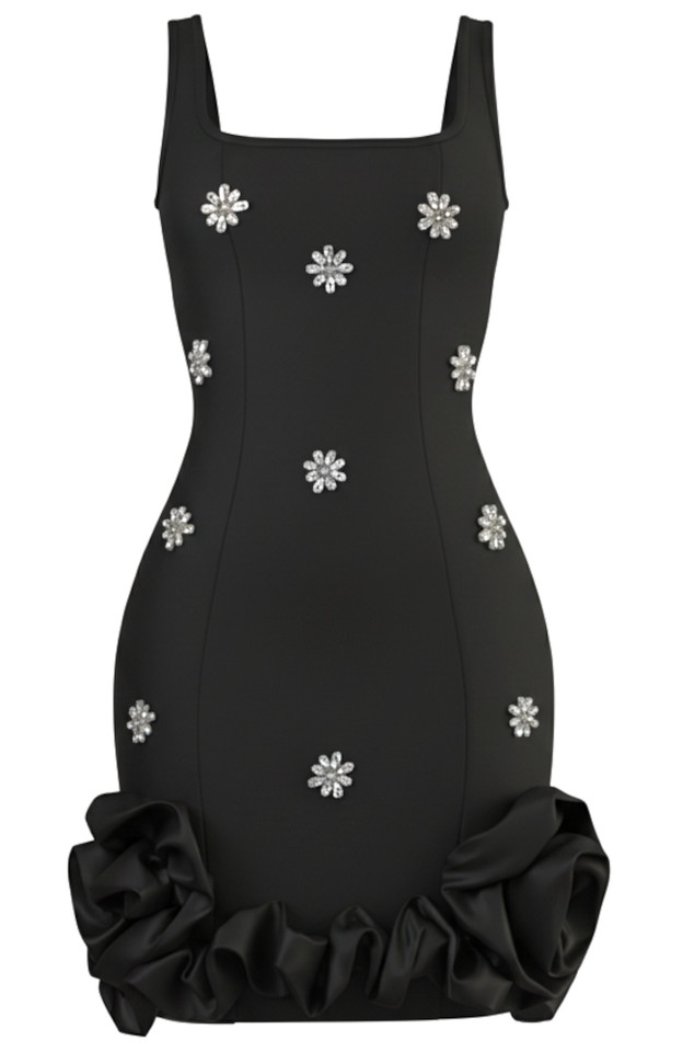 Crystal Detail Floral Puff Hem Dress Black