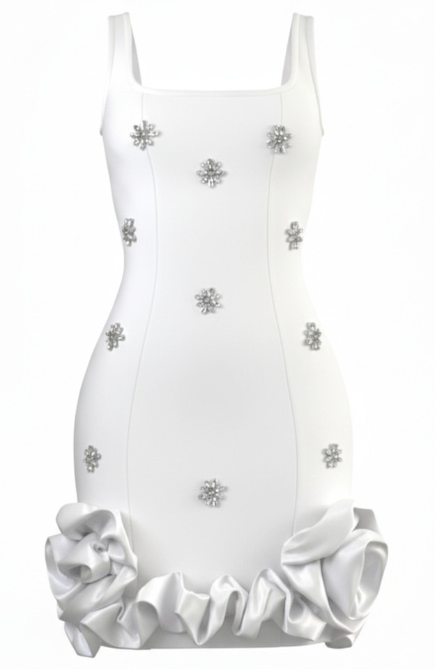 Crystal Detail Floral Puff Hem Dress White