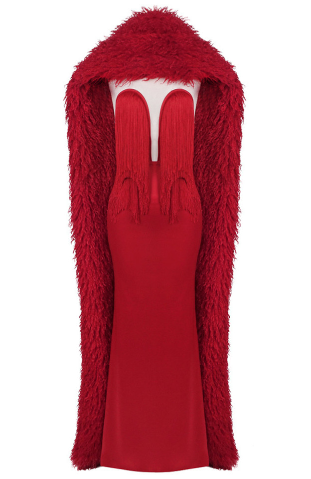 Mesh Insert Tassel Maxi Dress Red