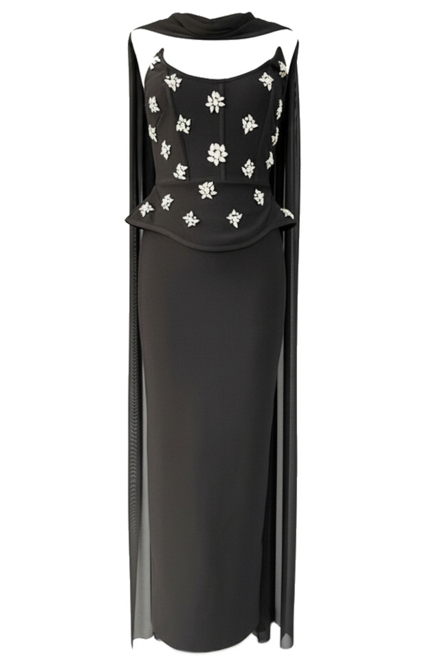 Strapless Crystal Peplum Maxi Dress Black