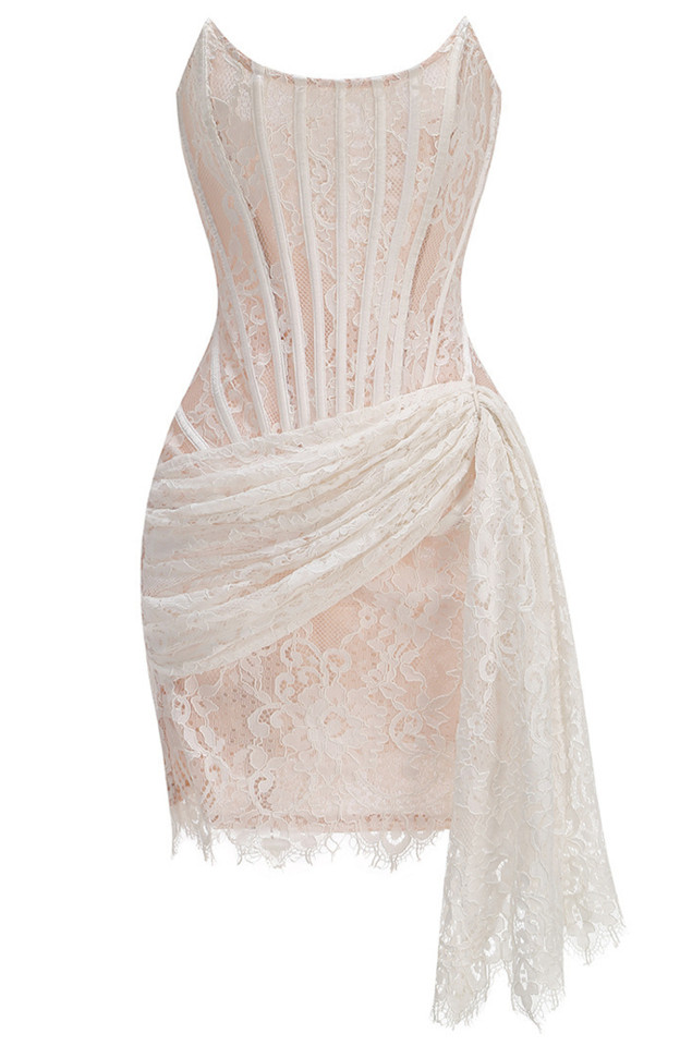 Strapless Corset Draped Lace Dress White