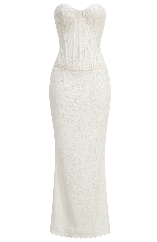 Strapless Lace Corset Two Piece Maxi Dress White