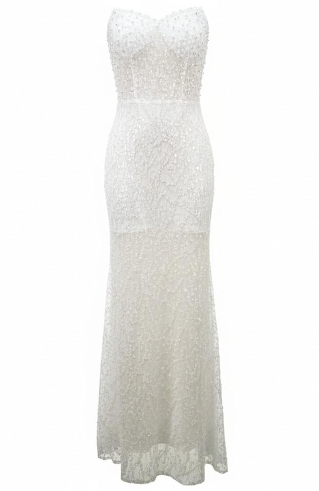 Strapless Pearl Sequin Maxi Dress White