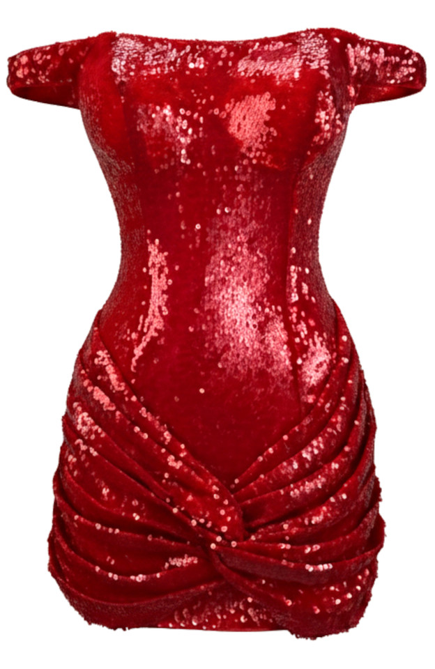 Bardot Draped Sequin Dress Red
