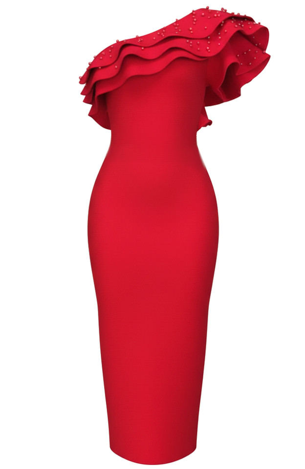 One Shoulder Embellished Ruffle Midi Dress Red