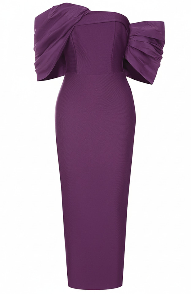 Draped Bardot Midi Dress Purple