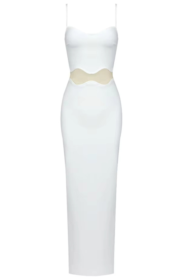 Wavy Mesh Insert Maxi Dress White