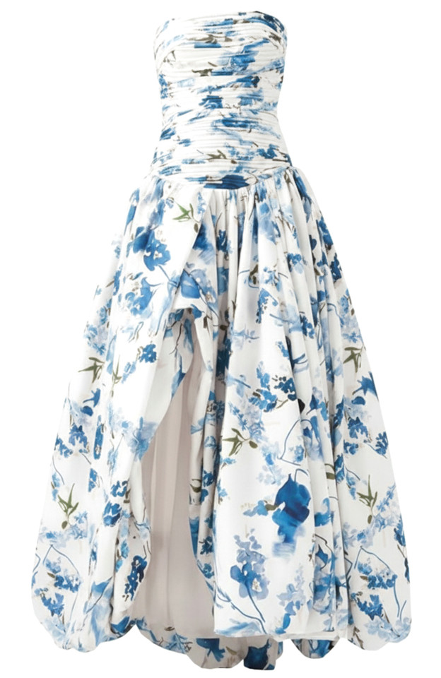 Strapless Ruched Floral Puff Maxi Dress White Blue