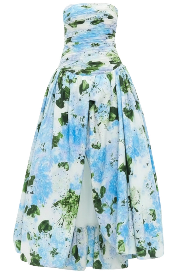 Strapless Ruched Floral Puff Maxi Dress Blue Green