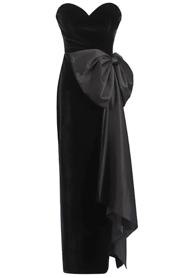 Strapless Bow Maxi Velvet Dress Black
