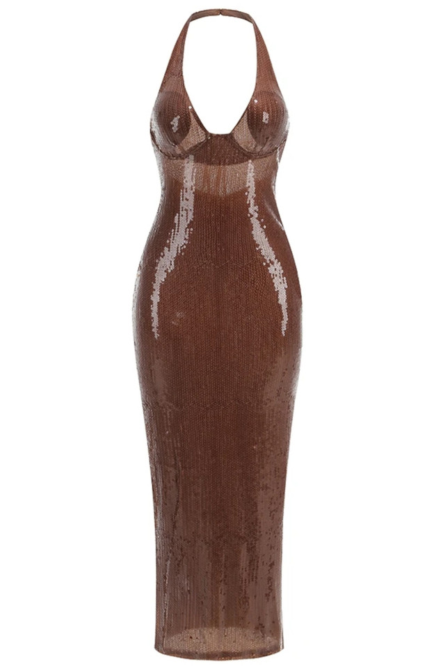Halter Sequin Maxi Dress Brown