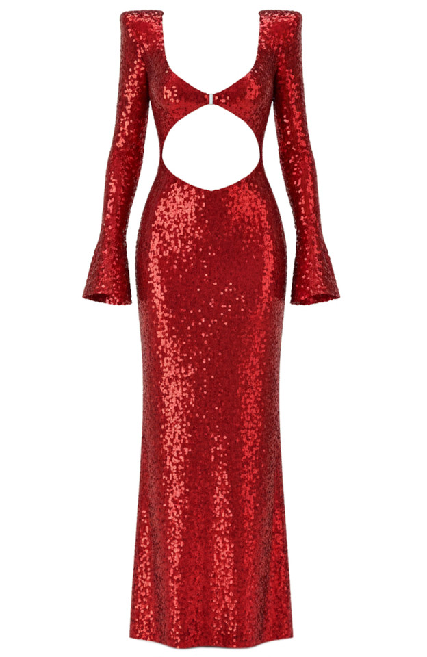 Long Sleeve Cut Out Detail Sequin Maxi Dress Red