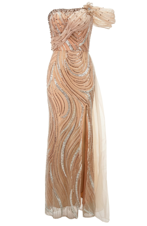 Draped Bardot Sequin Maxi Dress Peach