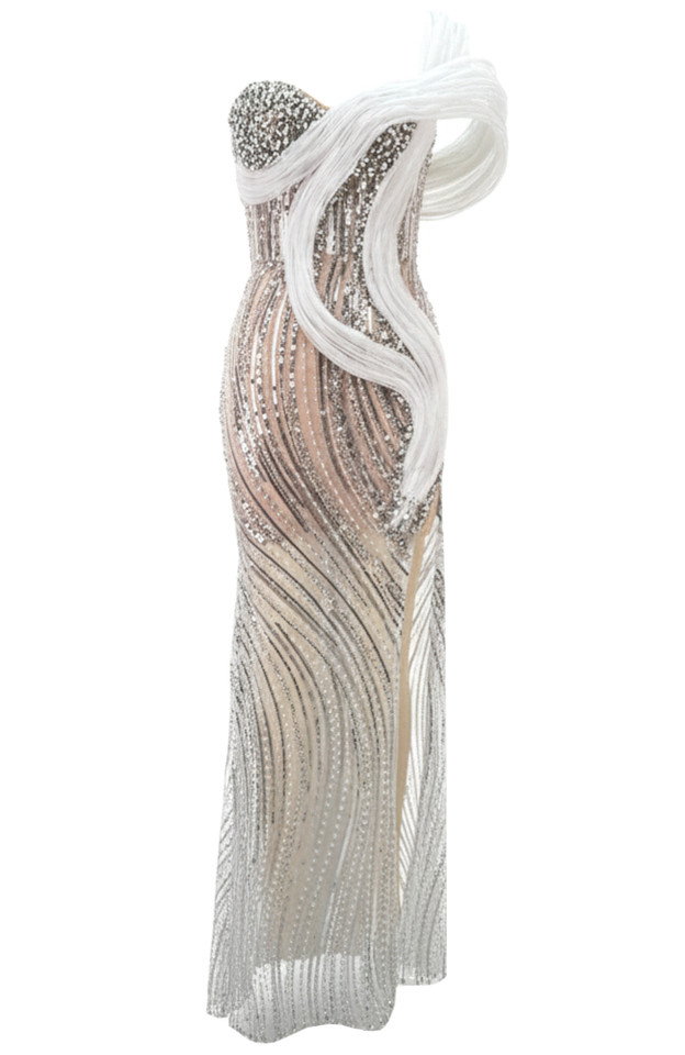 One Shoulder Crystal Bustier Sequin Maxi Dress White Nude