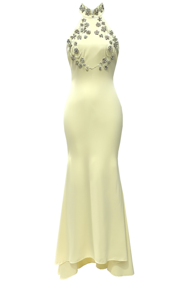 Halter Crystal Maxi Dress Yellow