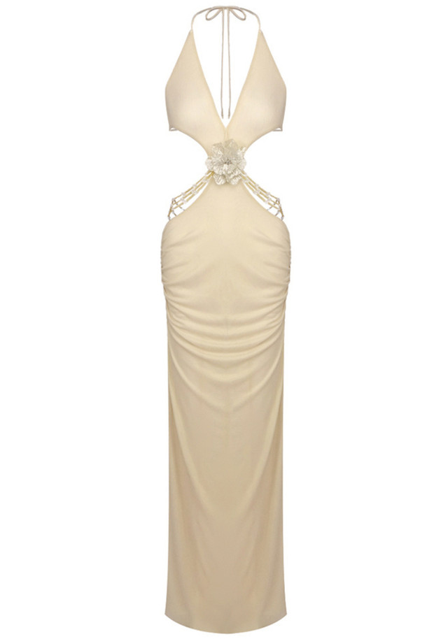 Halter Floral Backless Maxi Dress Gold