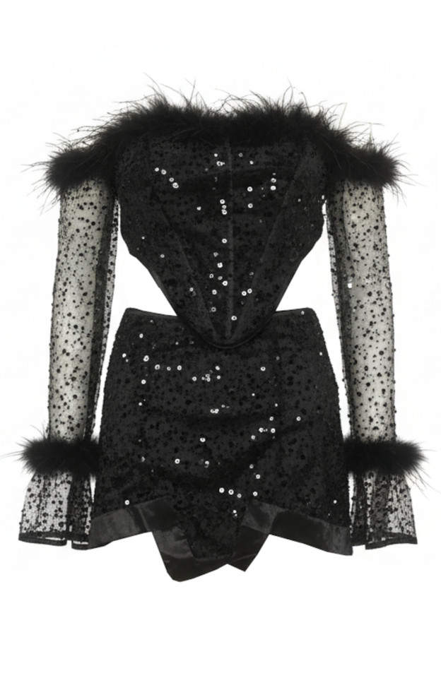 Long Sleeve Feather Bardot Sequin Two Piece Dress Black