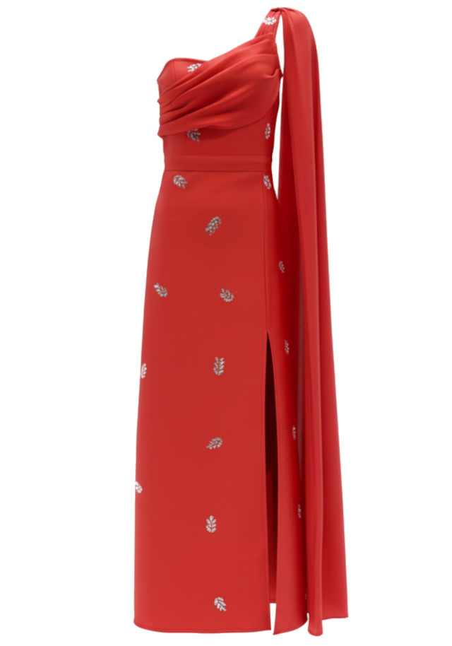 One Shoulder Crystal Detail Maxi Dress Red