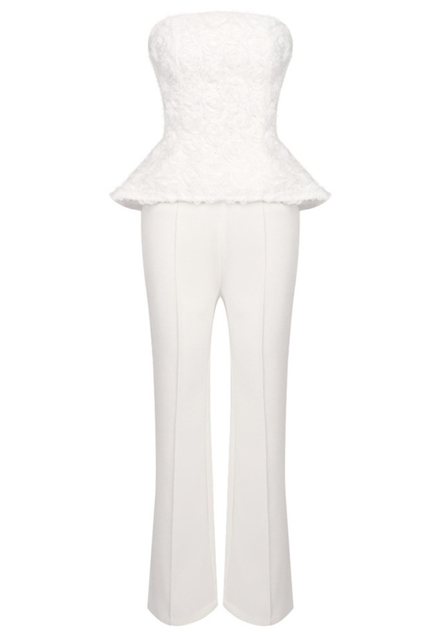 Strapless Floral Peplum Two Piece Jumpsuit White