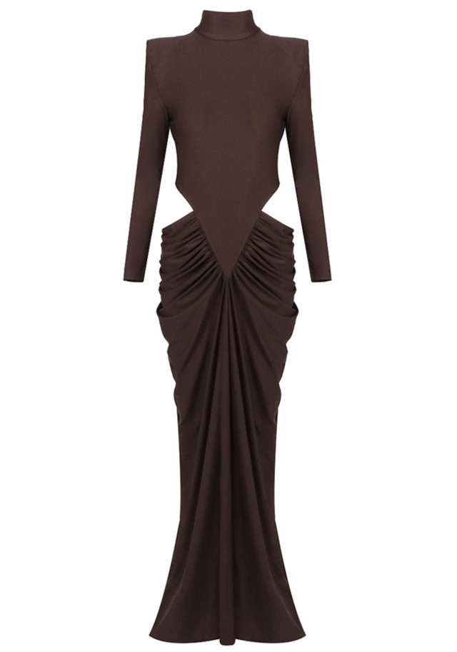 Long Sleeve Cut Out Draped Maxi Dress Brown
