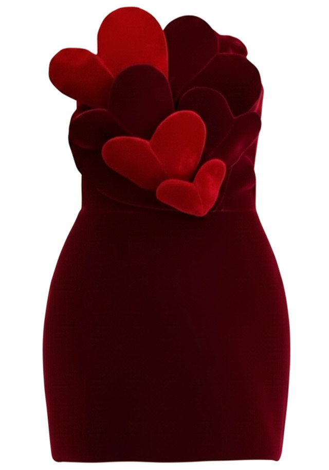 Strapless Heart Detail Velvet Dress Red Burgundy
