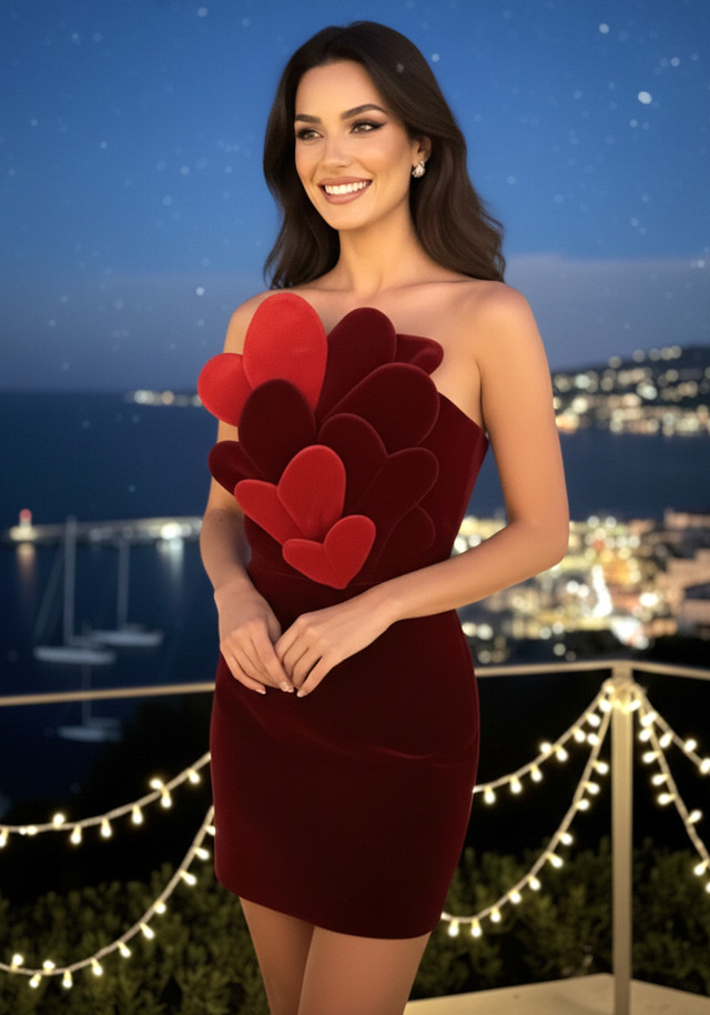 Strapless Heart Detail Velvet Dress Red Burgundy