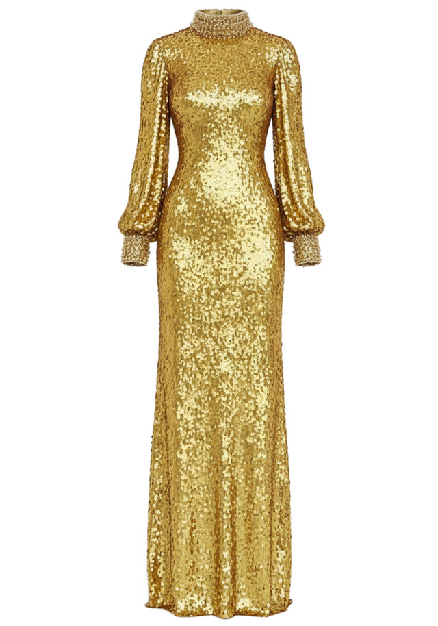 Long Sleeve Crystal Neck Sequin Maxi Dress Gold