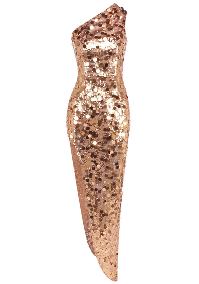 One Shoulder Sequin Asymmetric Maxi Dress Gold