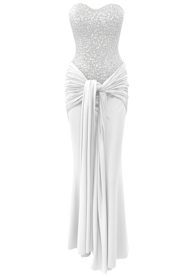 Strapless Sequin Bustier Draped Maxi Dress White