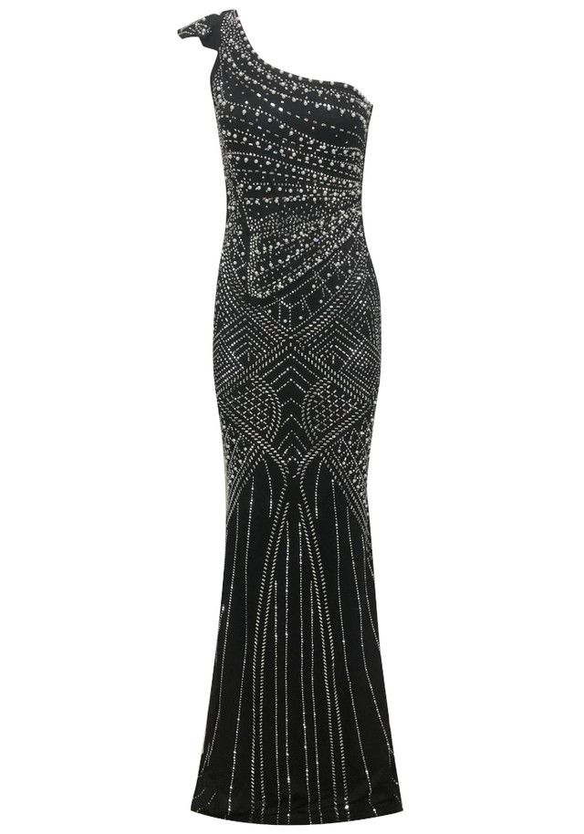 One Shoulder Crystal Mermaid Maxi Dress Black